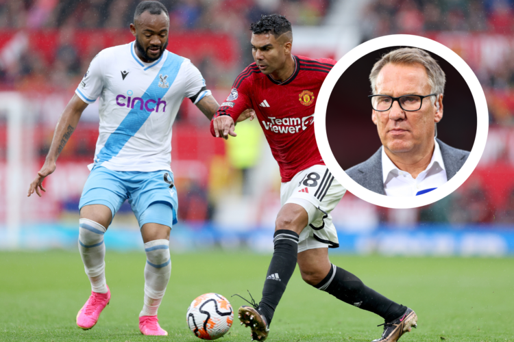 Casemiro competes with Jordan Ayew as Manchester United take on Crystal Palace, inset, Paul Merson