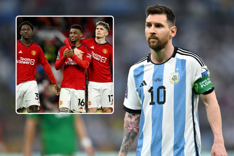 Lionel Messi playing for Argentina at the World Cup. Inset, Amad, Kobbie Mainoo and Alejandro Garnacho in action for Manchester United