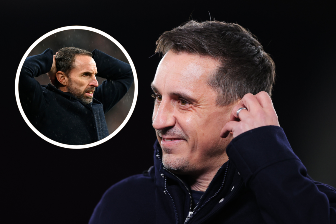 Gary Neville stares quizzically and Gareth Southgate inset with hands on his head