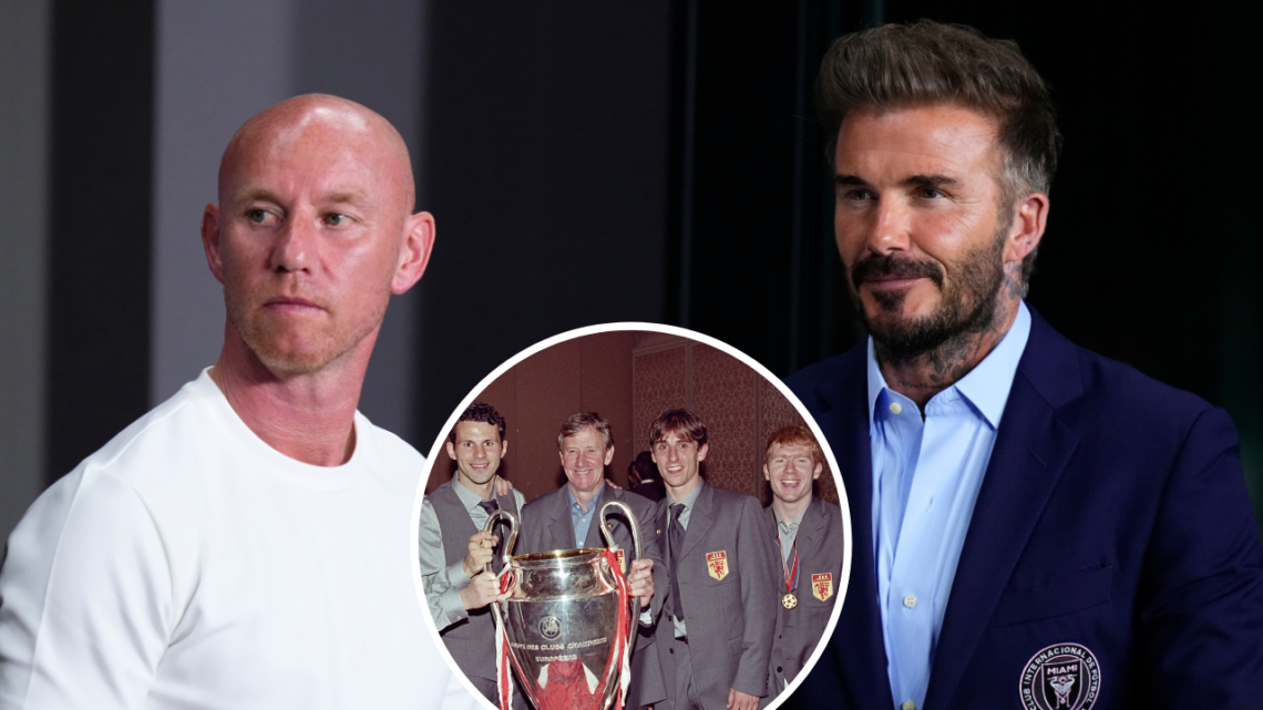 Former Manchester United star Nicky Butt alongside Inter Miami co-owner David Beckham, featuring an overlay image of Salford City co-owners the ‘Cl...