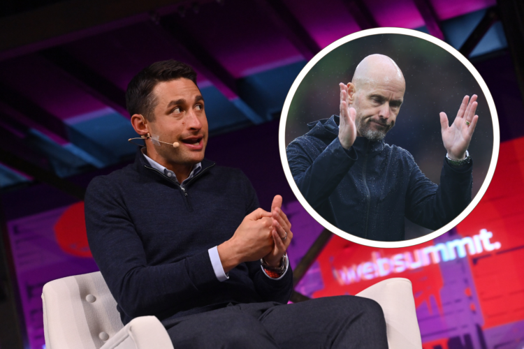 David Ornstein speaks at a conference, inset, Erik ten Hag dejected