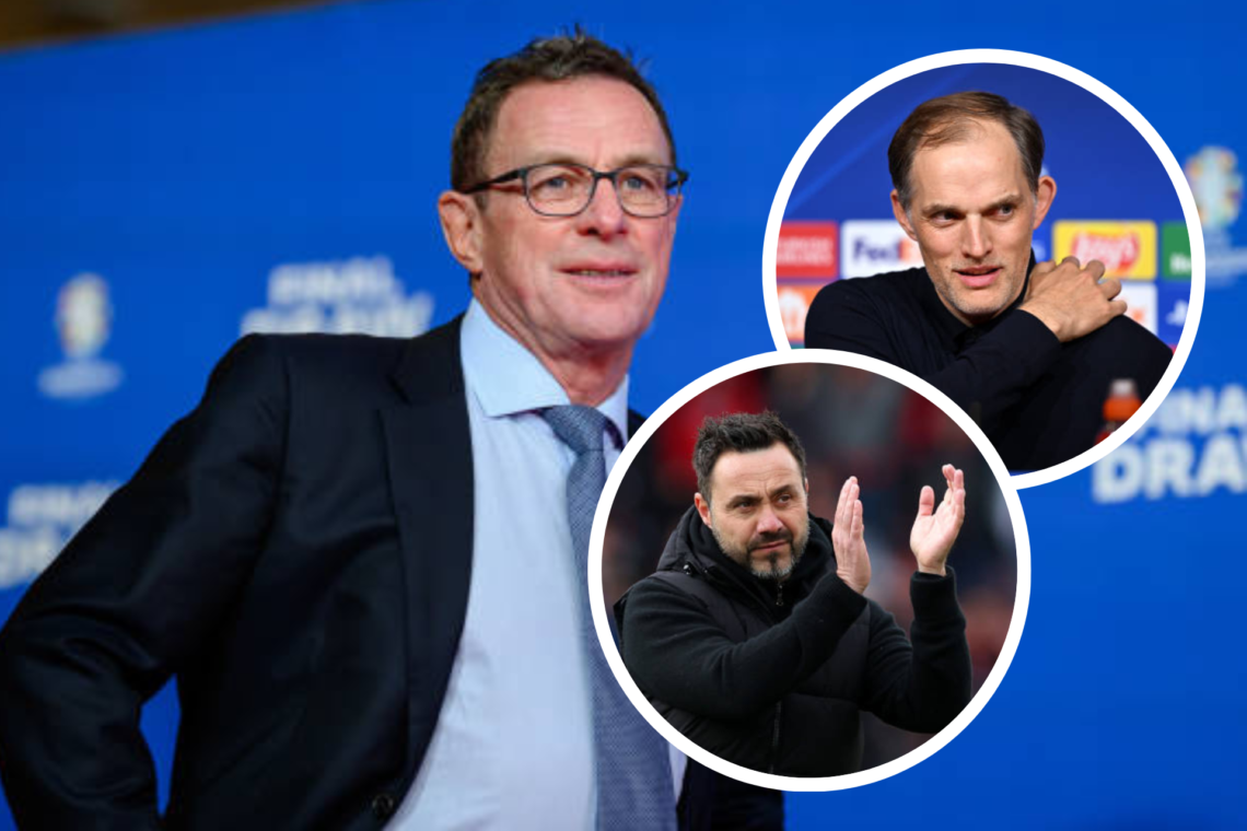 Ralf Rangnick pictured in a suit at the Euro 2024 Draw. Insets, Roberto de Zerbi and Thomas Tuchel
