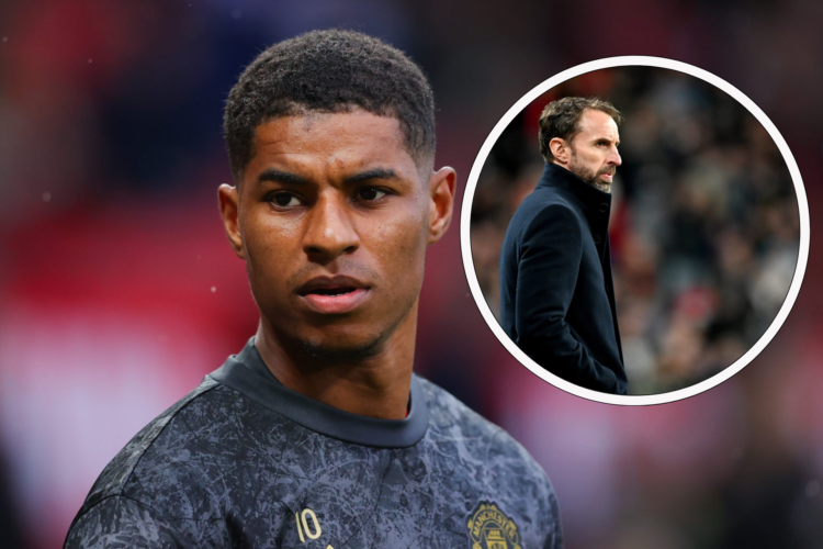 Marcus Rashford of Manchester United looks determined, inset Gareth Southgate watches England in action from the sidelines.
