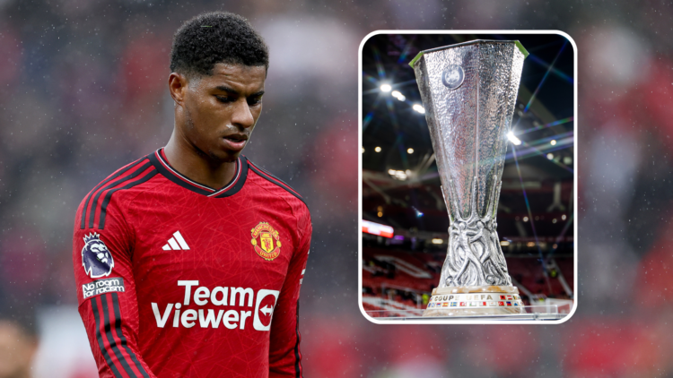 Marcus Rashford looks dejected. Inset, Europa League trophy