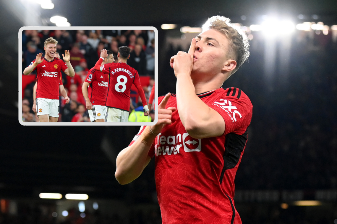 Rasmus Hojlund raises his finger to his lips after scoring. Inset, celebrates with Bruno Fernandes