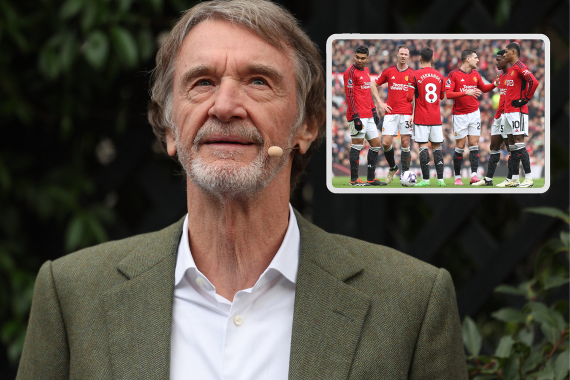 Sir Jim Ratcliffe headshot, inset, Casemiro and Manchester United teammates talk on the pitch