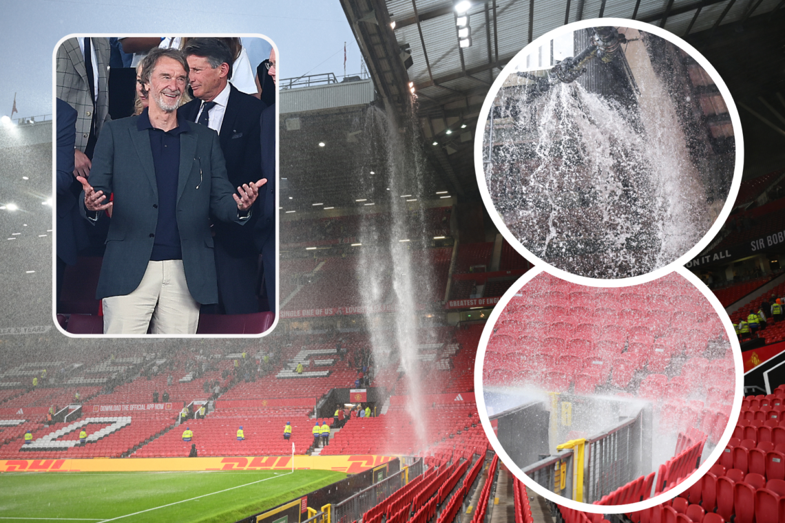 OId Trafford roof leaks, insets, close ups of burst pipes, inset Sir Jim Ratcliffe looks happy