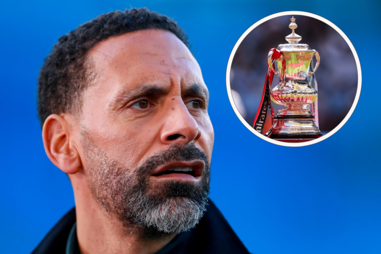 Rio Ferdinand headshot, inset the FA Cup trophy