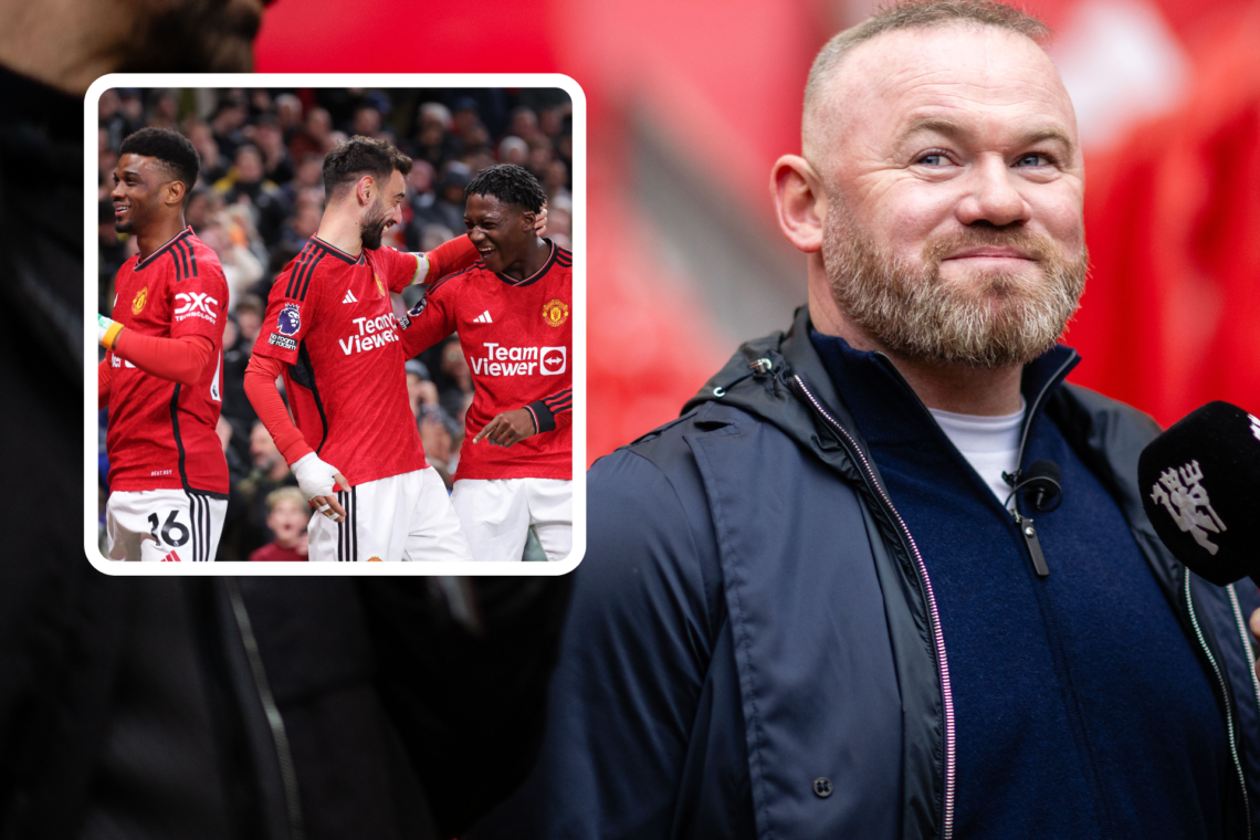 Wayne Rooney speaks to microphone, inset, Kobbie Mainoo, Bruno Fernandes, Amad celebrate