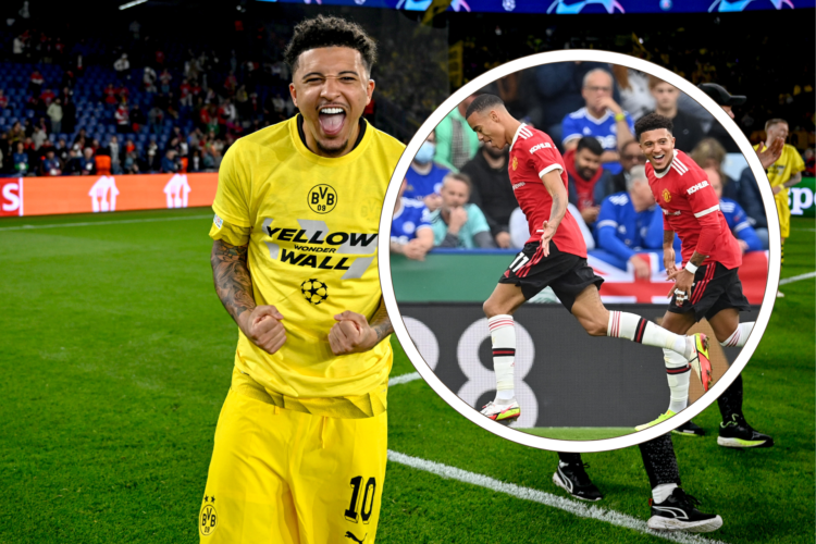 Jadon Sancho celebrates as Dortmund reach Champions League final. Inset, Sancho and Mason Greenwood celebrate a Manchester United goal away at Leic...