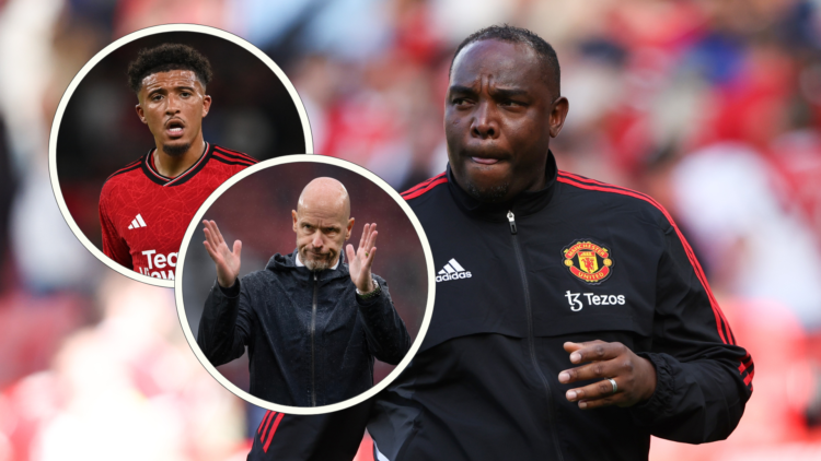 Benni McCarthy at Old Trafford, inset, headshots of Jadon Sancho and Erik ten Hag, looking cross
