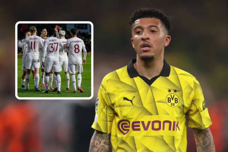 Jadon Sancho playing for Borussia Dortmund, inset, Manchester United players in white kit celebrate v Newport