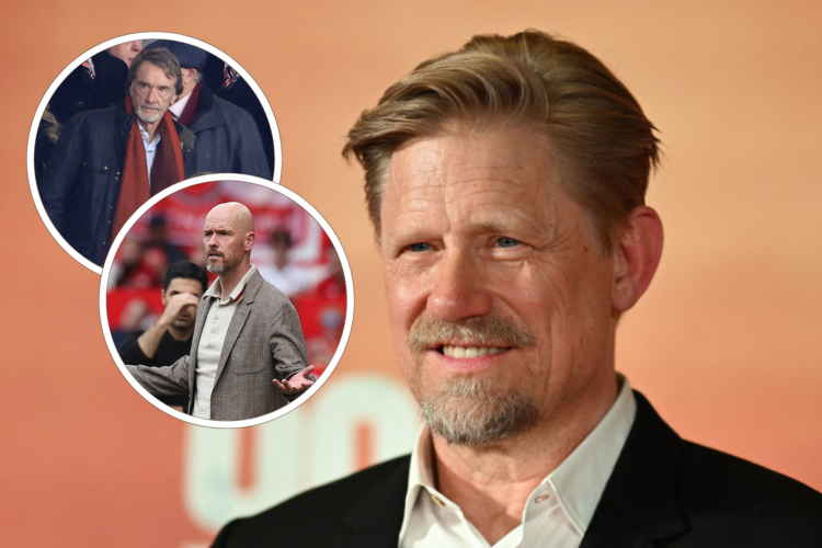 Peter Schmeichel poses, inset, Sir Jim Ratcliffe, and Erik ten Hag looks annoyed