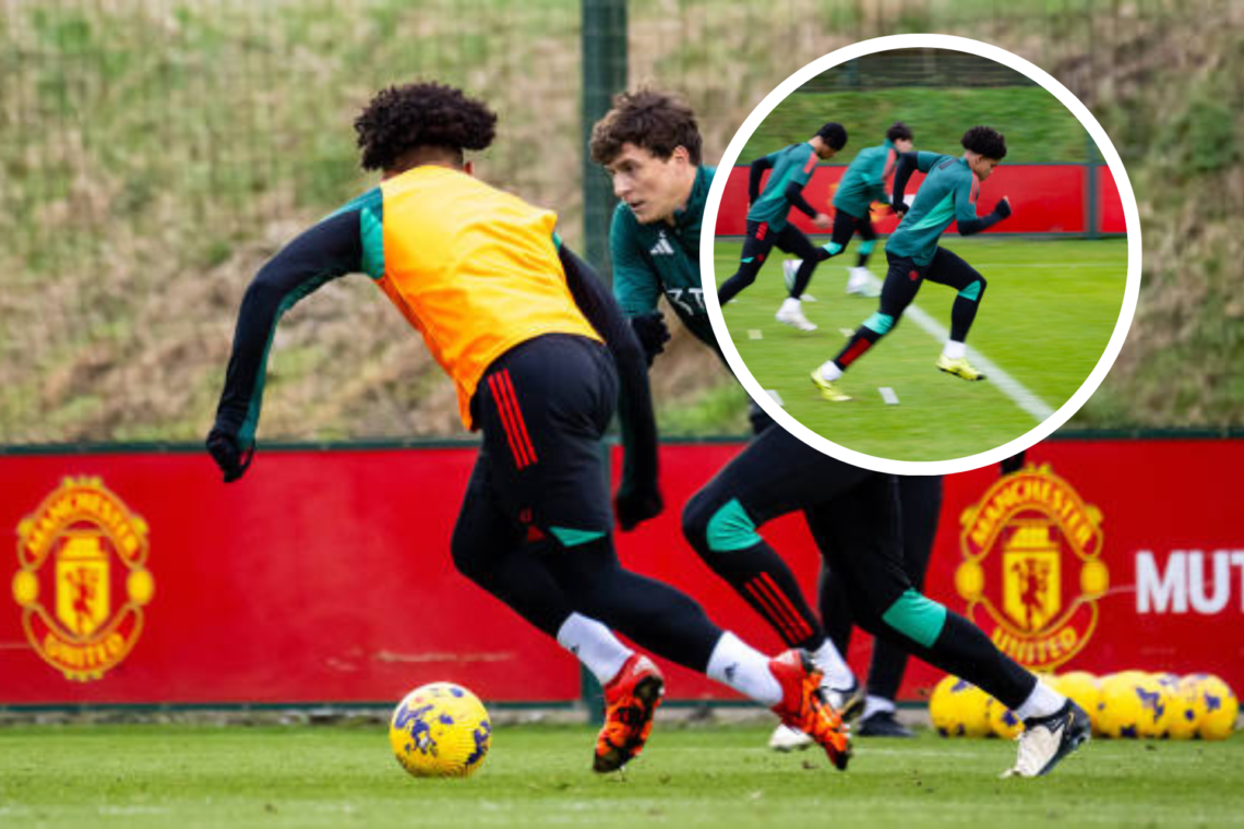 Shola Shoretire trains against Victor Lindelof, inset, Shoretire running in training