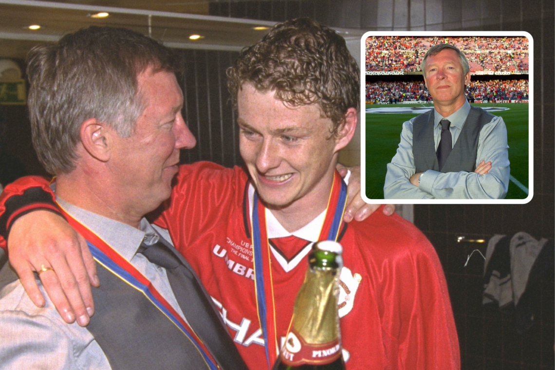 Sir Alex Ferguson and Ole Gunnar Solskjaer with champagne after the Treble win. Inset, Ferguson poses with his arms folded before kick-off