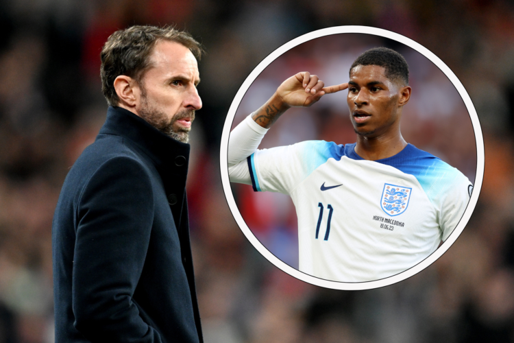 Gareth Southgate on the touchline. Inset, Marcus Rashford celebrates England goal with finger at his head