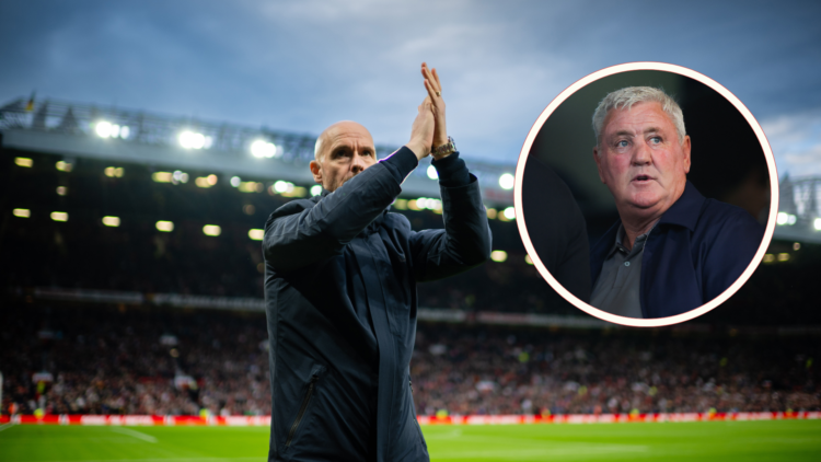Erik ten Hag applauds Man Utd supporters. Inset, Steve Bruce headshot