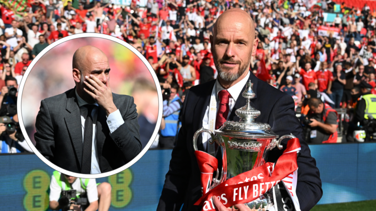 Erik ten Hag poses with the FA Cup. Pep Guardiola looks stunned