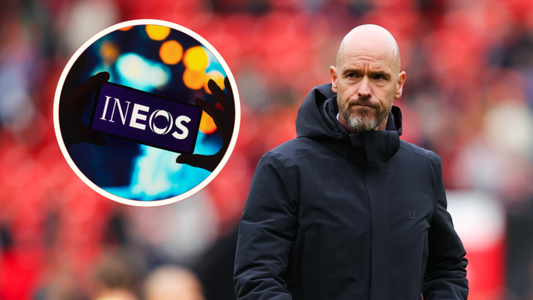 Erik ten Hag walks off after a match. Inset, Ineos logo on a smartphone