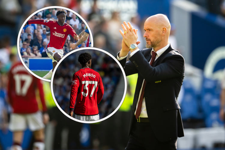 Erik ten Hag applauds, inset, Kobbie Mainoo competes for the ball, inset, Mainoo shirt numbers 37