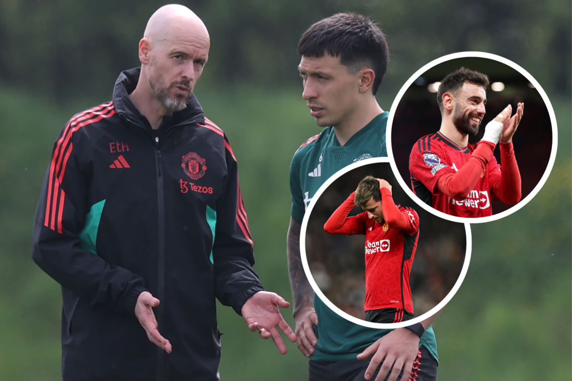 Erik ten Hag speaks to Lisandro Martinez at Carrington, inset Bruno Fernandes claps, Mason Mount with head in his hands