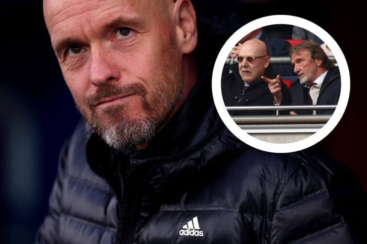 Erik ten Hag looks on from the dugout. Inset, Avram Glazer and Sir Jim Ratcliffe at Wembley