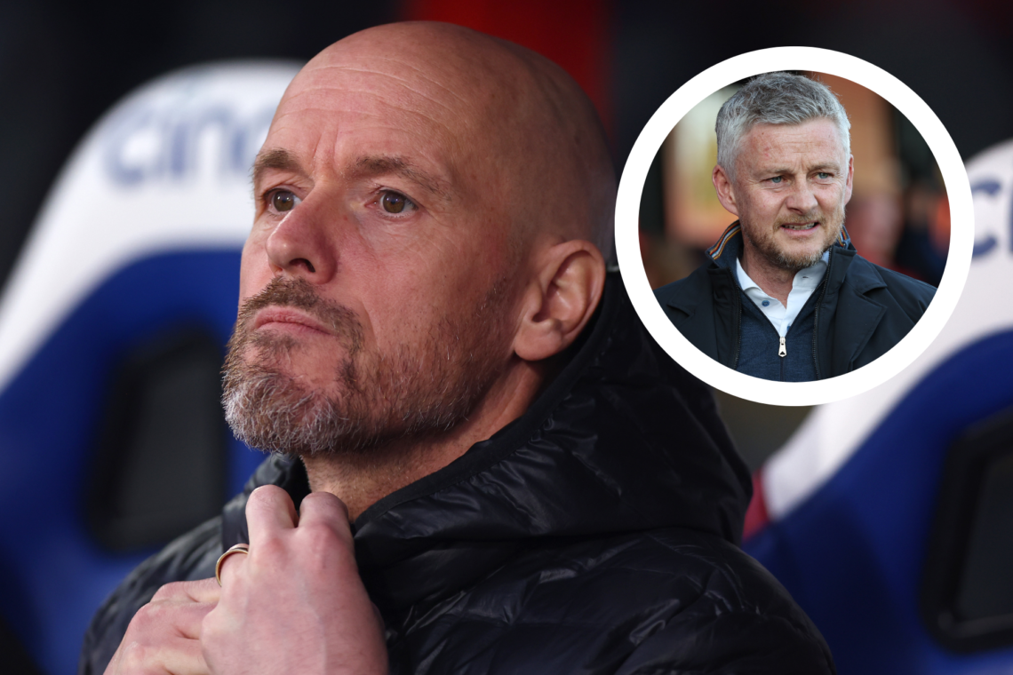 Erik ten Hag looks dejected. Inset, Ole Gunnar Solskjaer