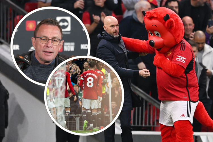 Erik ten Hag greets Fred the Red. Inset, Ralf Rangnick speaks at press conference, inset, Bruno Fernandes and teammates celebrate