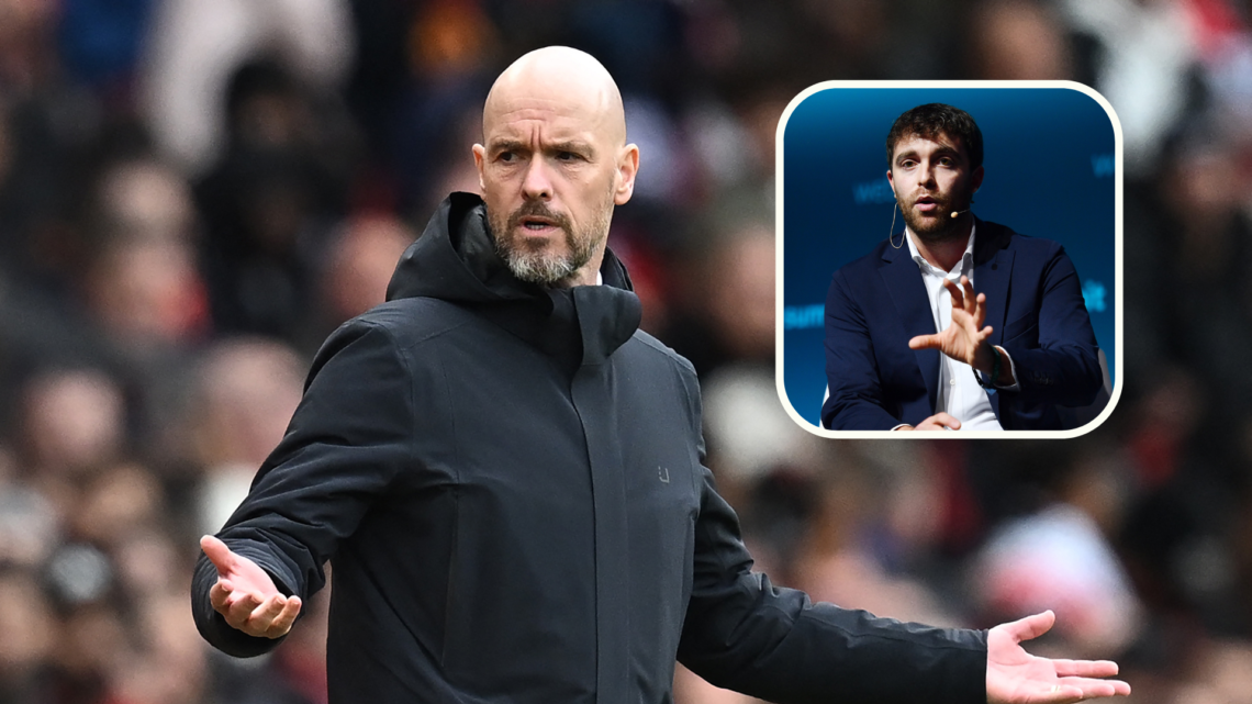 Erik ten Hag on touchline with arms out, inset, journalist Fabrizio Romano speaks at a conference