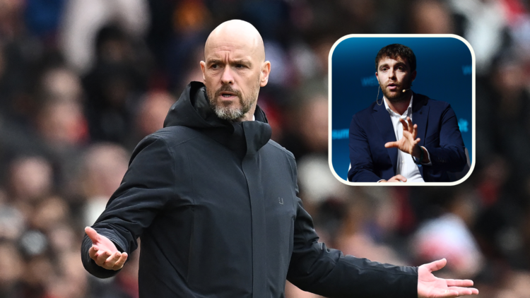 Erik ten Hag on touchline with arms out, inset, journalist Fabrizio Romano speaks at a conference