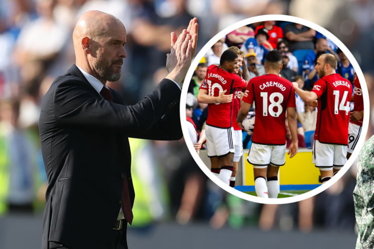 Erik ten Hag applauds travelling Man Utd fans, inset Marcus Rashford, Rasmus Hojlund, Casemiro, Christian Eriksen all celebrate