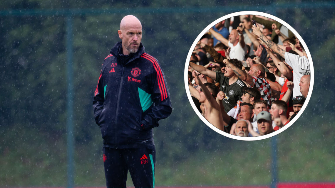 Erik ten Hag alone on training ground at Carrington. Inset, Manchester United away fans chant