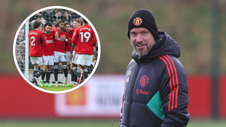 Erik ten Hag looks on in Manchester United training. Inset, Players including Marcus Rashford celebrate a goal