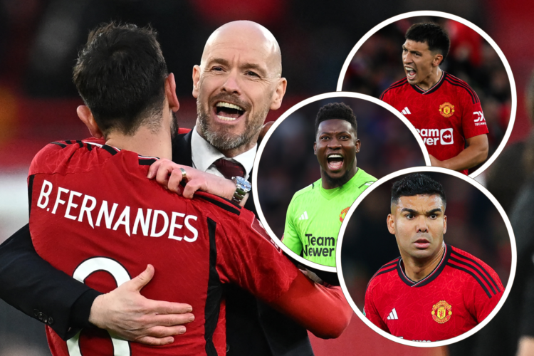 Erik ten Hag hugs Bruno Fernandes, inset, headshots of Lisandro Martinez, Andre Onana, Casemiro