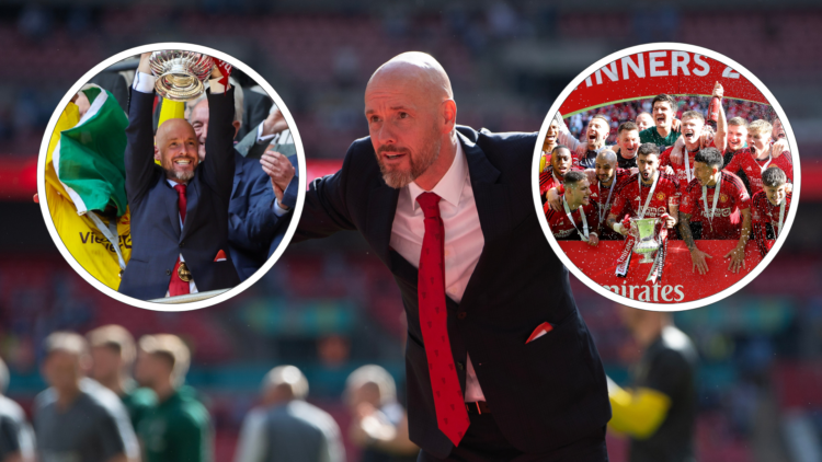 Erik ten Hag takes a bow at Wembley. Inset, lifts FA Cup, inset right, Manchester United players celebrate