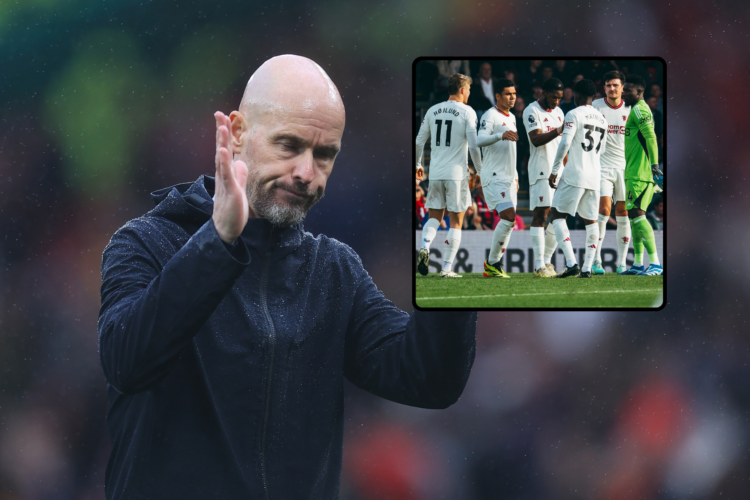 Erik ten Hag gestures in annoyance. Inset, Manchester United players away v Bournemouth