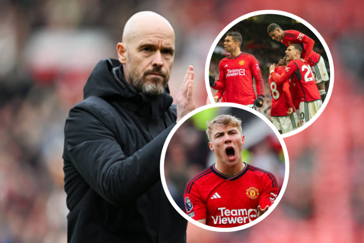 Erik ten Hag applauds. Inset, Rasmus Hojlund looks annoyed, second inset, Casemiro and Diogo Dalot celebrate