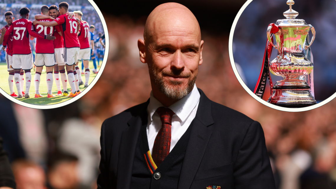 Erik ten Hag in a suit at Wembley. Inset, Man Utd players celebrate. Inset right, FA Cup Trophy