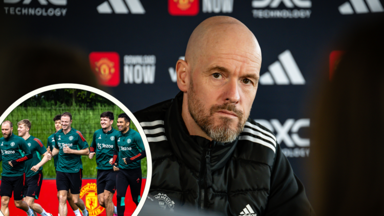 Erik ten Hag thinks while at press conference. Inset, Jonny Evans, Harry Maguire, Casemiro jog during training