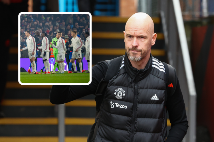 Erik ten Hag waves, inset Man Utd players prepare for match at Selhurst Park