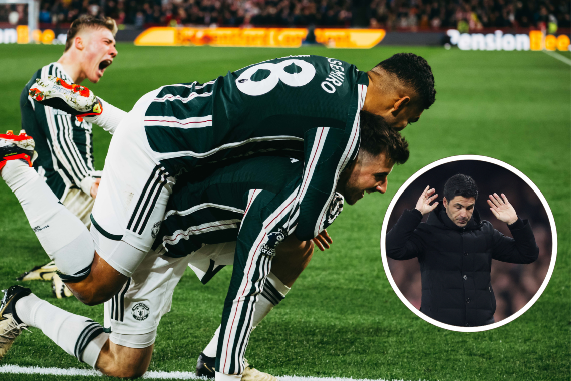 Mason Mount and teammates celebrate v Brentford. Inset, Mikel Arteta dejected