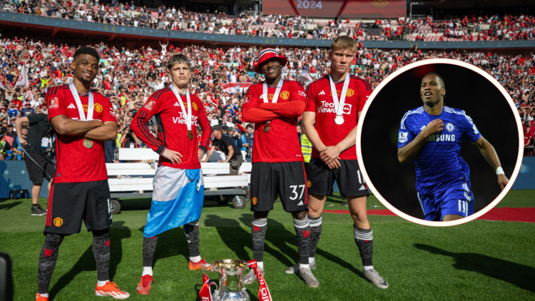 Amad, Alejandro Garnacho, Kobbie Mainoo and Rasmus Hojlund of Manchester United celebrate with the Emirates FA Cup, inset, Didier Drogba