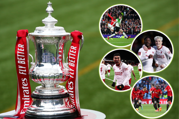 FA Cup Final Trophy (left) with moments from Manchester United's season including Amad vs Liverpol, Casemiro vs Forest