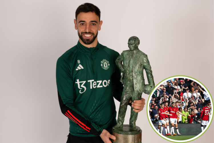 Bruno Fernandes pictured with the Sir Matt Busby Player of the Year Award