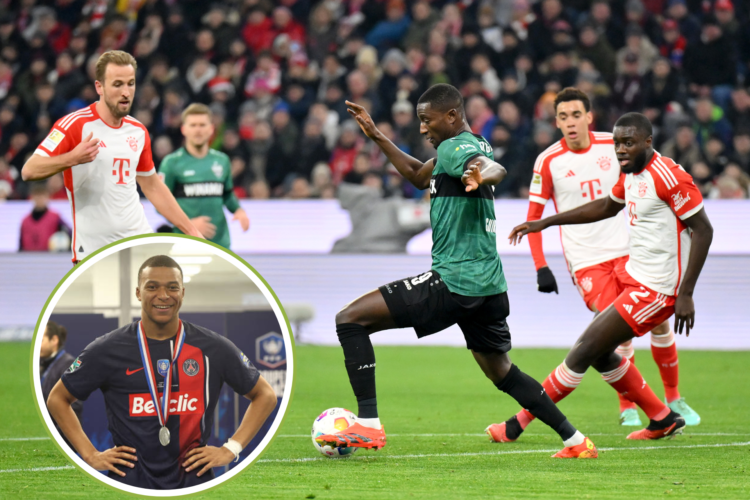 Serhou Guirassy controls the ball with Harry Kane in shot, Kylian Mbappe poses with winners medal