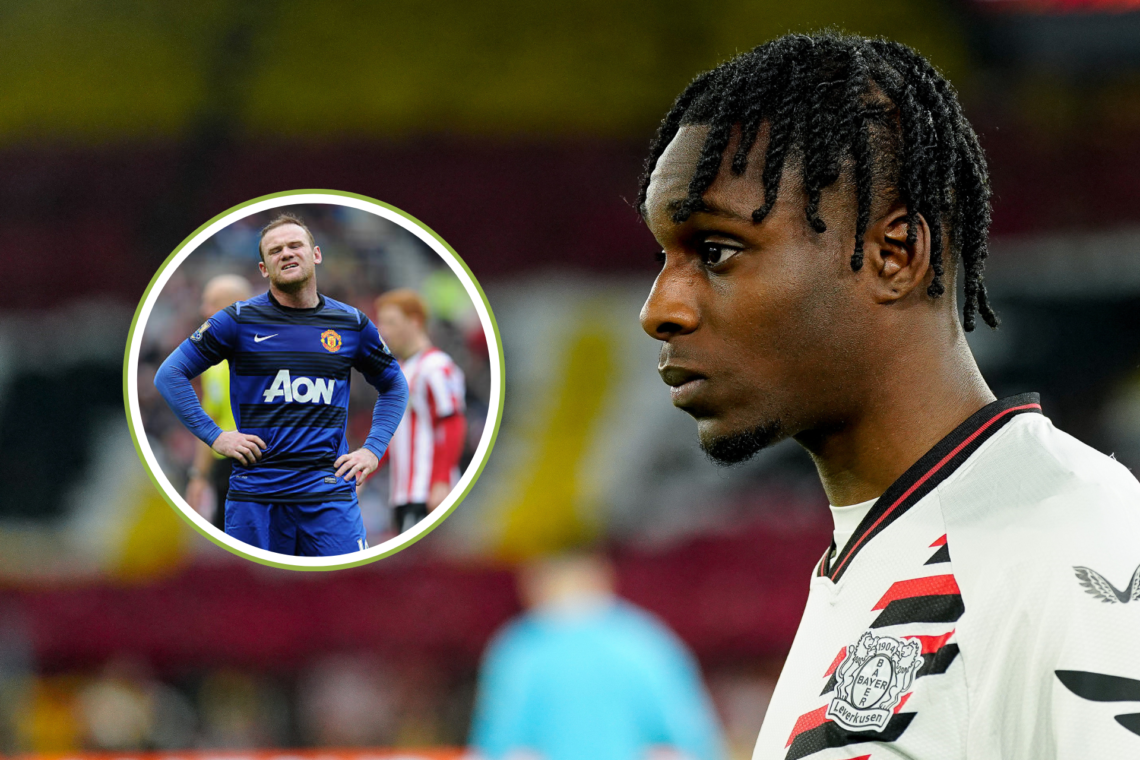 Jeremie Frimpong of Bayer 04 Leverkusen looks on during the UEFA Europa League 2023/24 Semi-Final first leg match between AS Roma and Bayer 04 Leve...