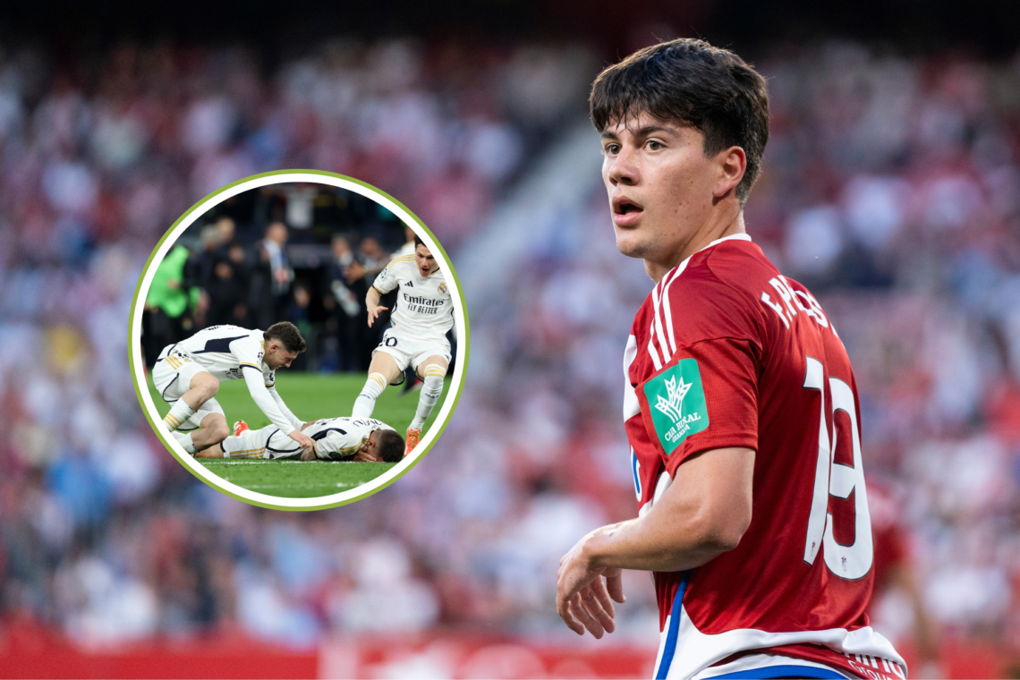 Facundo Pellistri of Granada looks back at an image of Fedi Valverde and Joselu of Real Madrid celebrating