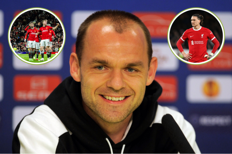 An image of football pundit Danny murphy with Darwin Nunez of Liverpool and an image of Manchester United celebrating a goal