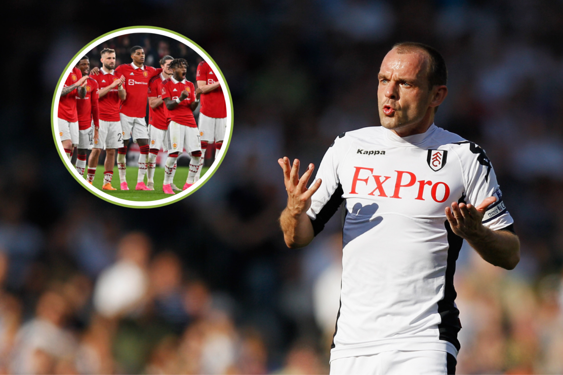 Danny Murphy of Fulham pictured with an image of Manchester United's first-team squad during a penalty shootout