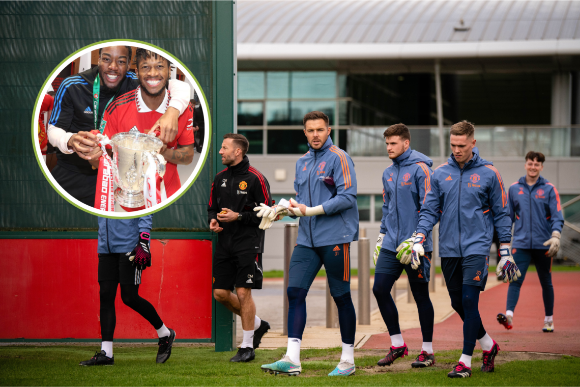 An image of Manchester United goalkeepers including Jack Butland training along with a circle image of Anthony Elanga and Fred holding the Carabao ...